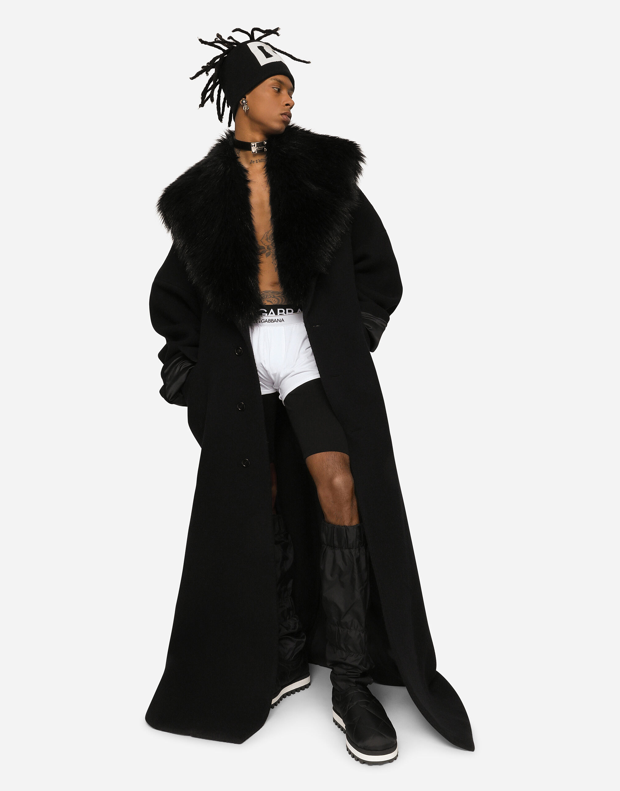 Wool coat with faux fur collar in Black for Dolce Gabbana US