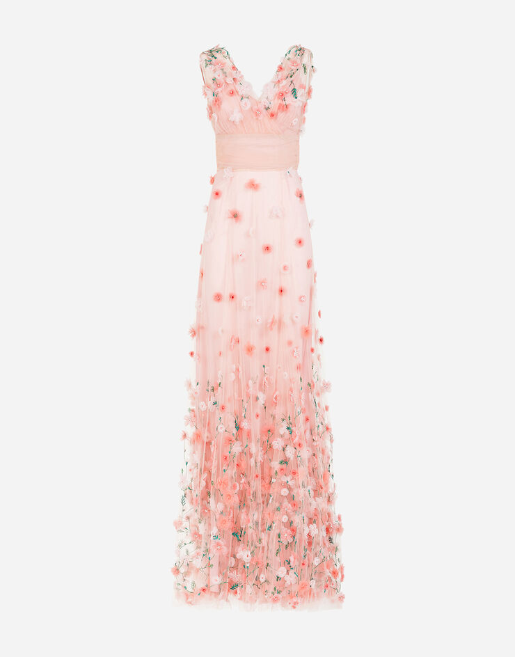 Dolce & Gabbana Long dress in tulle with sequins and mini hand-embroidered flowers Multicolor F6J2EZGD0J2