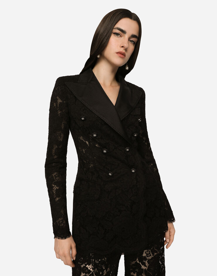 Dolce & Gabbana Chaqueta Turlington de encaje elástico con logotipo Negro F29TRTFLRE1