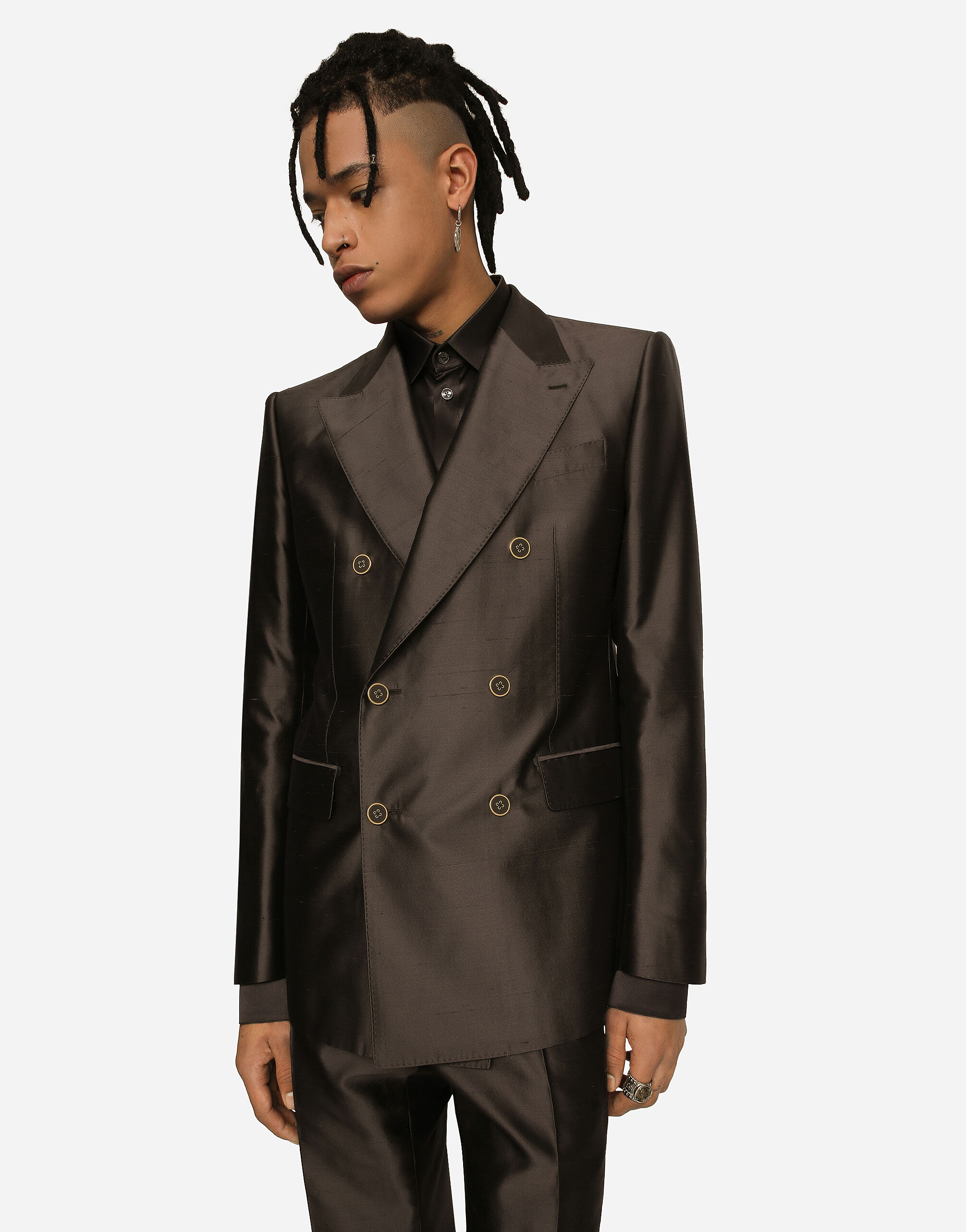 グレーのメンズ ダブルブレストスーツ シチリアフィット シルク