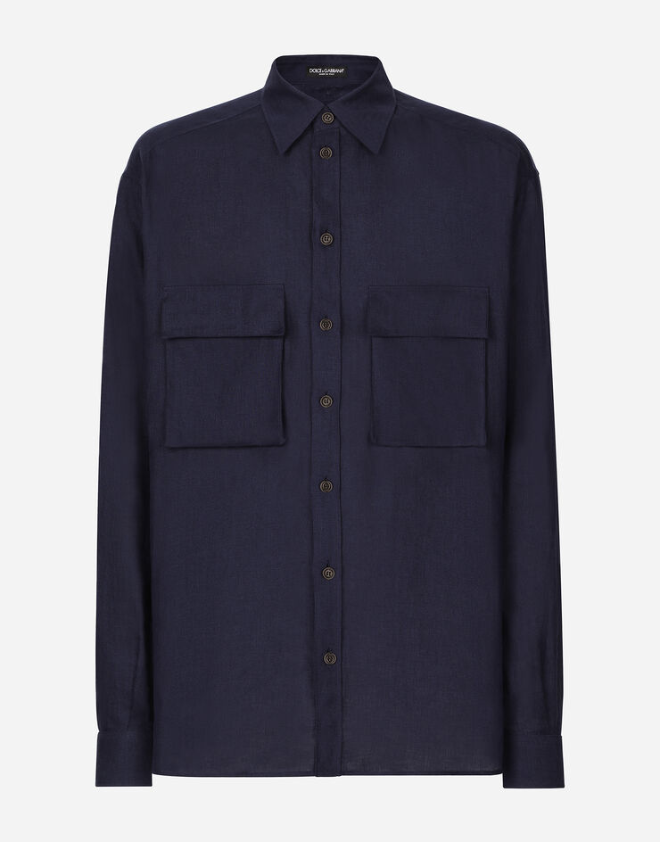 Dolce & Gabbana Oversize linen shirt with pockets Blue G5LI9TFU4LG