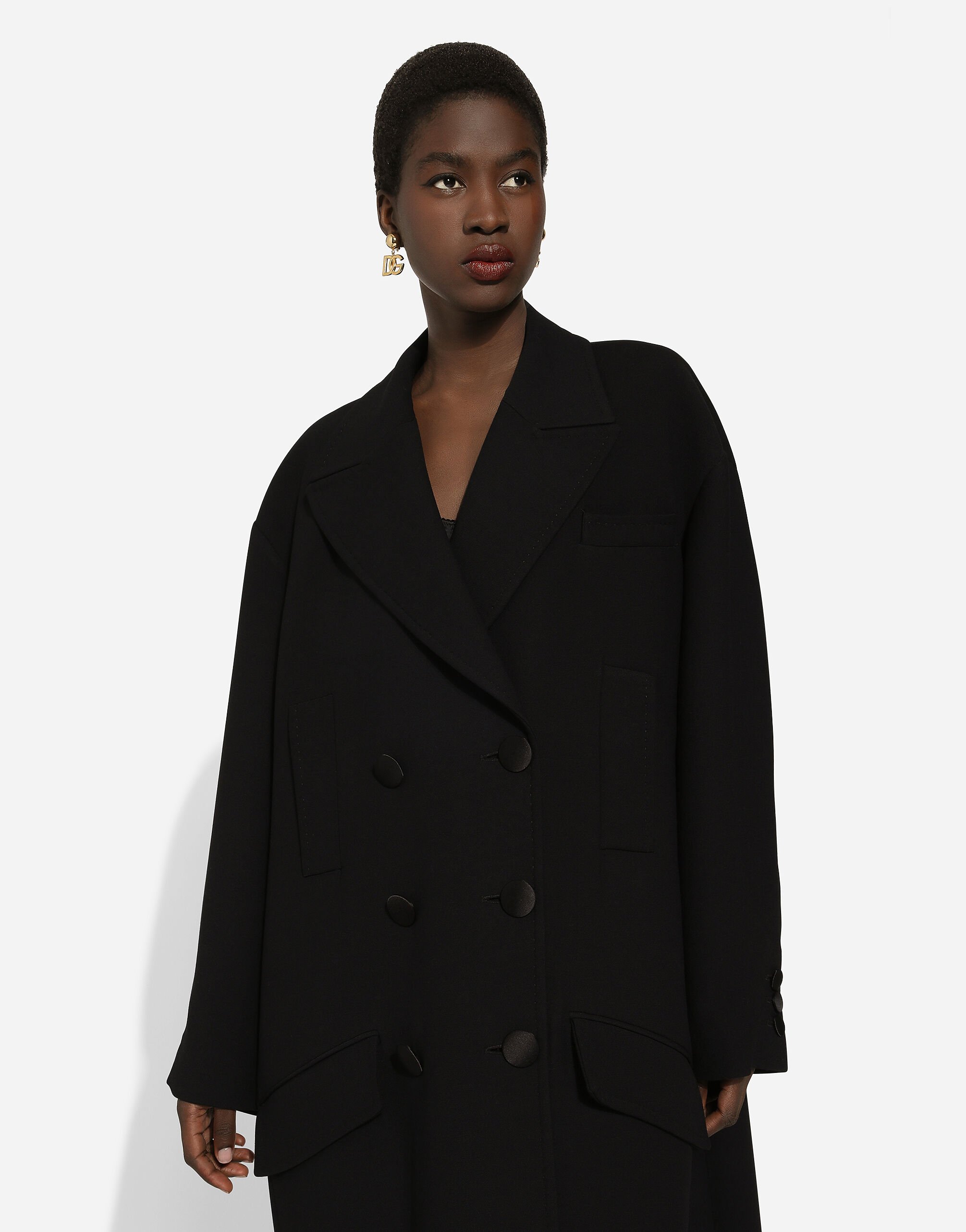 Oversize coat in double wool crepe in Black for Women