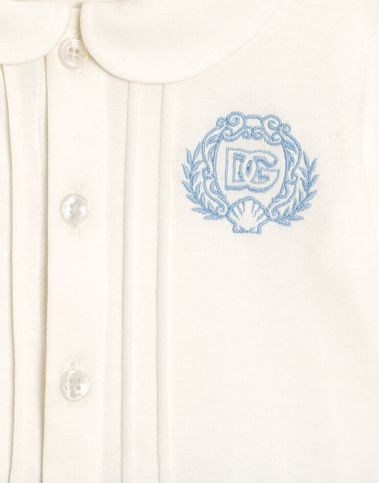 Dolce & Gabbana Short-sleeved interlock and linen romper with embroidery Multicolor L1JOAXG7PEP