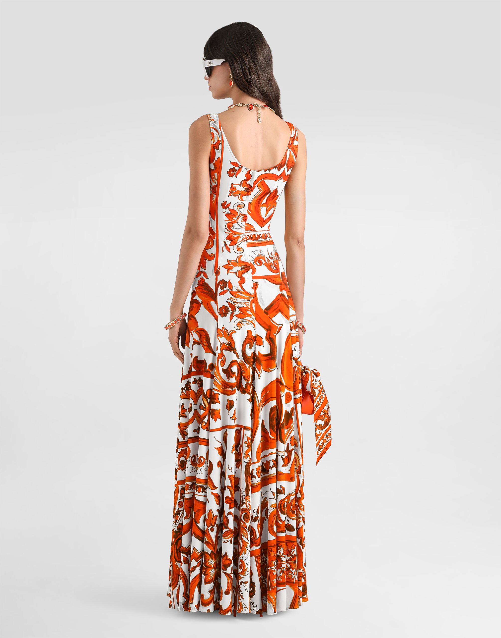 Majolica-print organzine long dress in Multicolor for Women