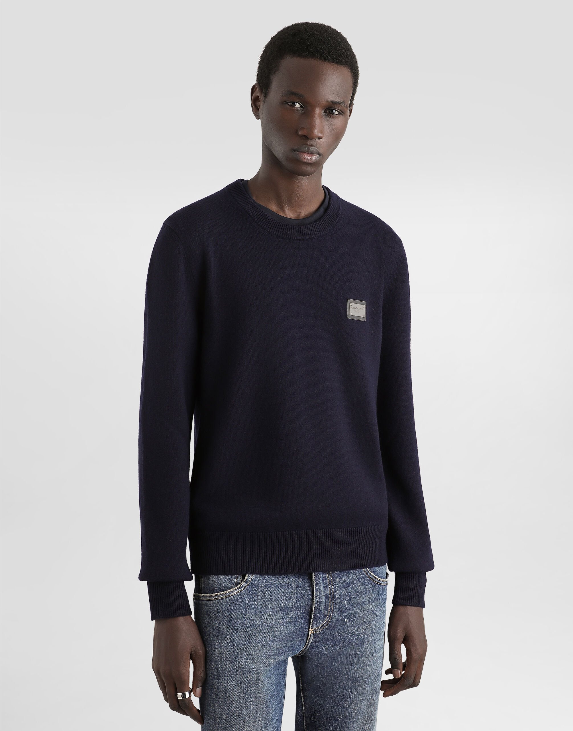 Wool round-neck sweater with branded tag in Blue for Men | Dolce&Gabbana® US