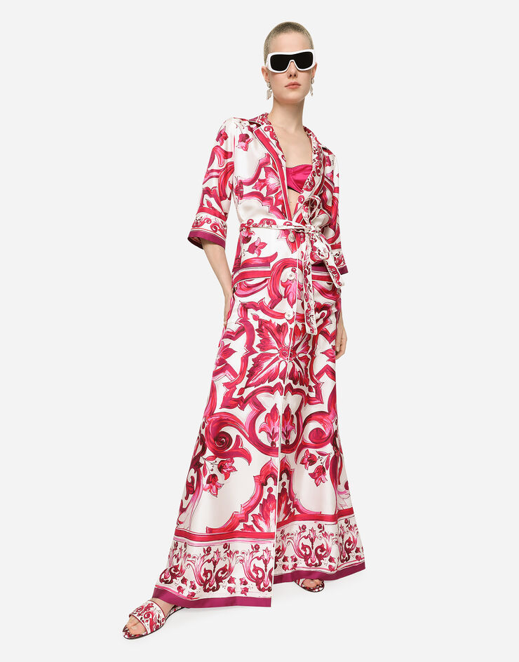 Dolce & Gabbana Vestido camisero largo de sarga con estampado Maiolica Multicolor F0AH2THI1BD