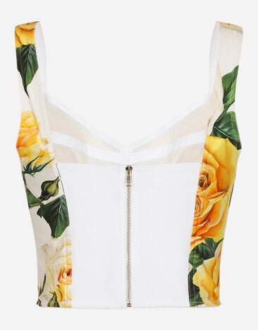 Dolce & Gabbana Cotton corset top with yellow rose print Print F7W98THS5NO
