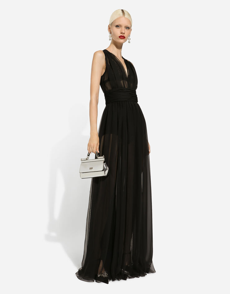 Dolce & Gabbana Abito lungo in chiffon con cintura drappeggiata Nero F6DGXTFUS0N