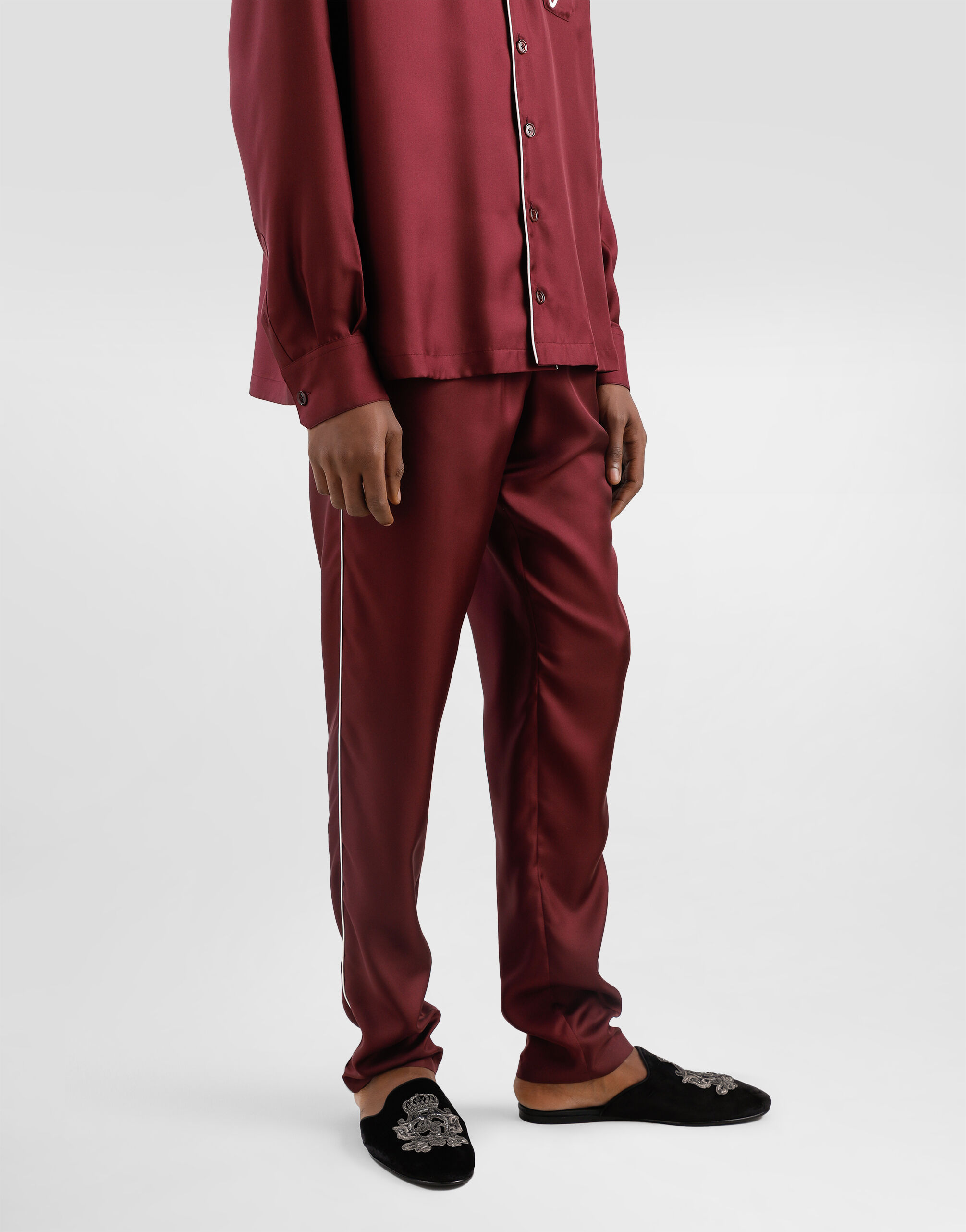 Silk pajama pants with logo embroidery in Bordeaux for Men