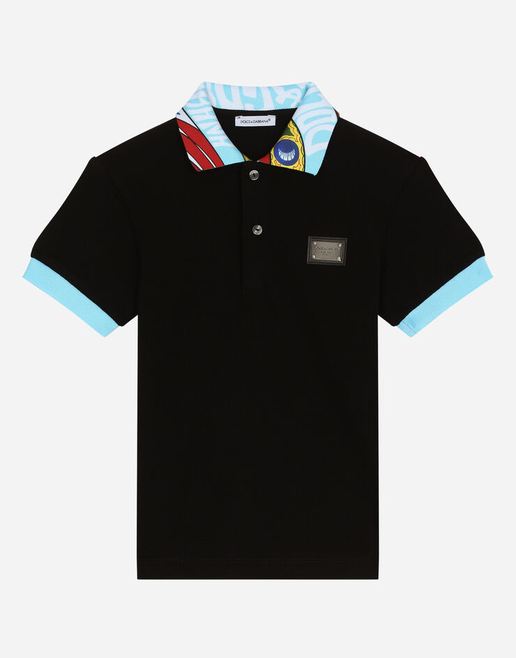 DolceGabbanaSpa Short-sleeved cotton piqué polo-shirt with Carretto-print details Black L4JTGWG7J3A