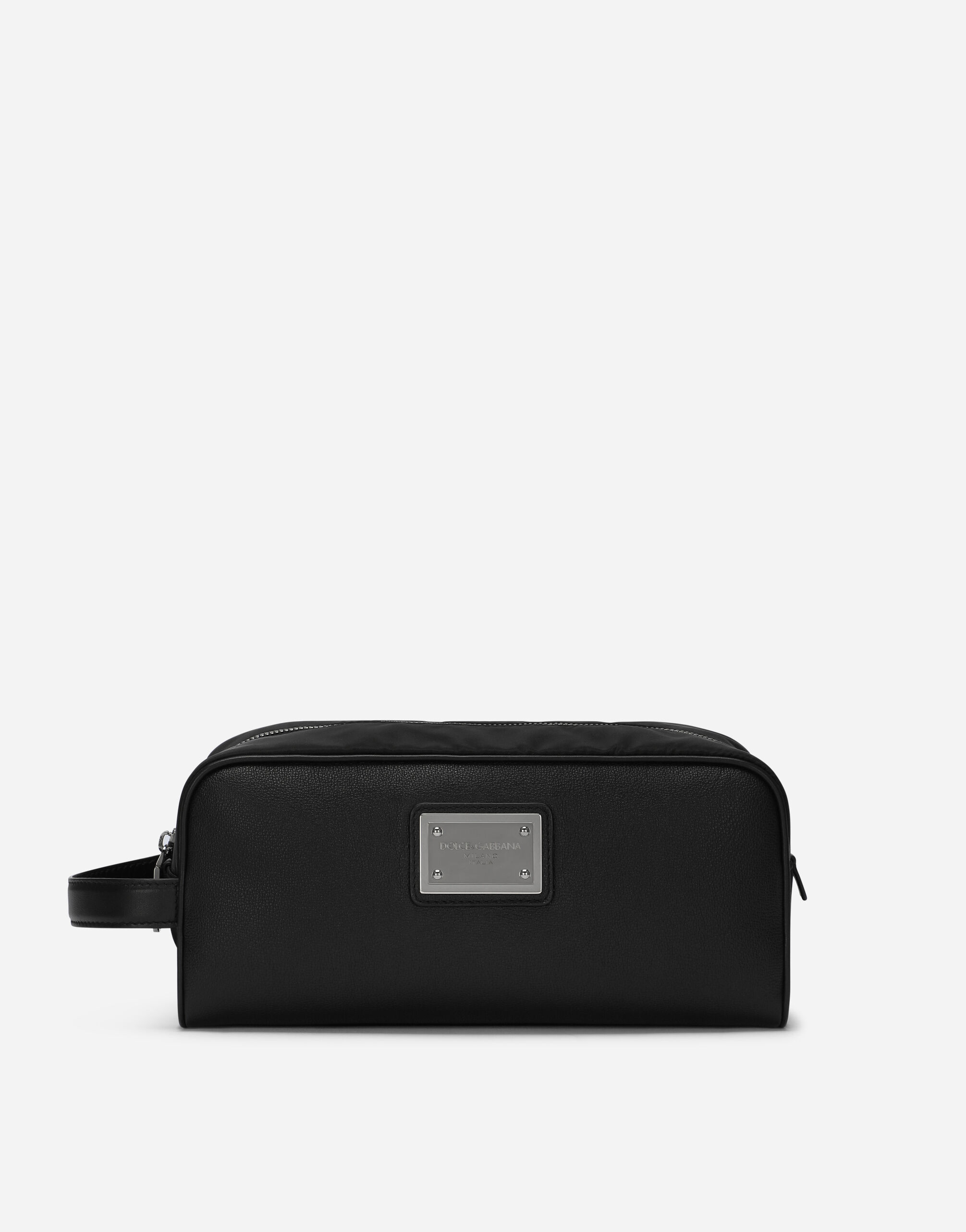 Grainy calfskin and nylon toiletry bag in Black for