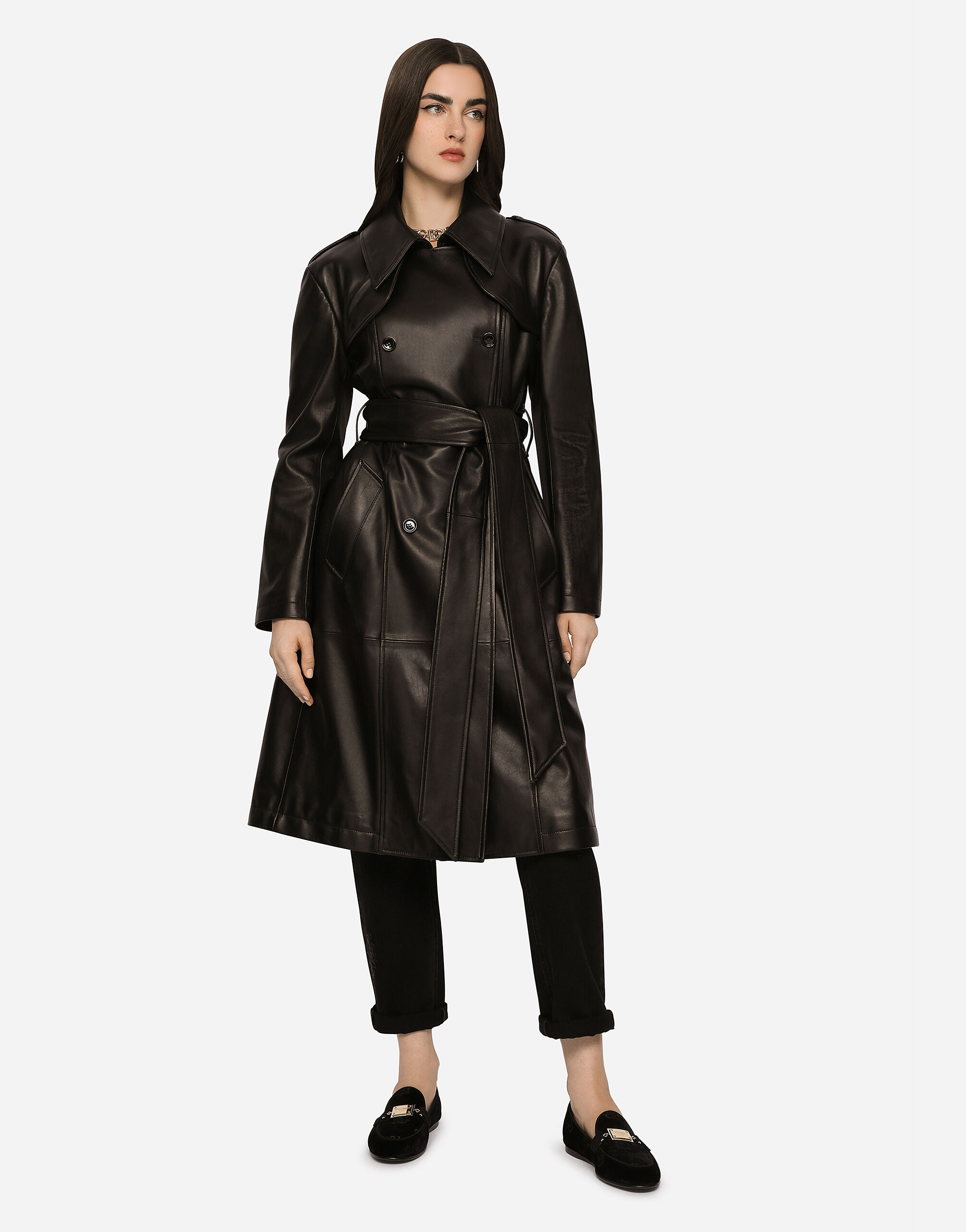 Belted double-breasted leather coat in Black for Women