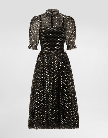 Dolce & Gabbana Vestido babydoll longuette de tul bordado con lentejuelas Dorado F6TKQTFLSHD