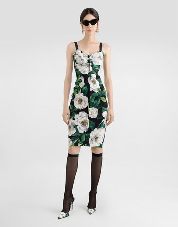 Dolce & Gabbana Stretch marquisette midi dress with gardenia print Print F6R3OTFSSK2