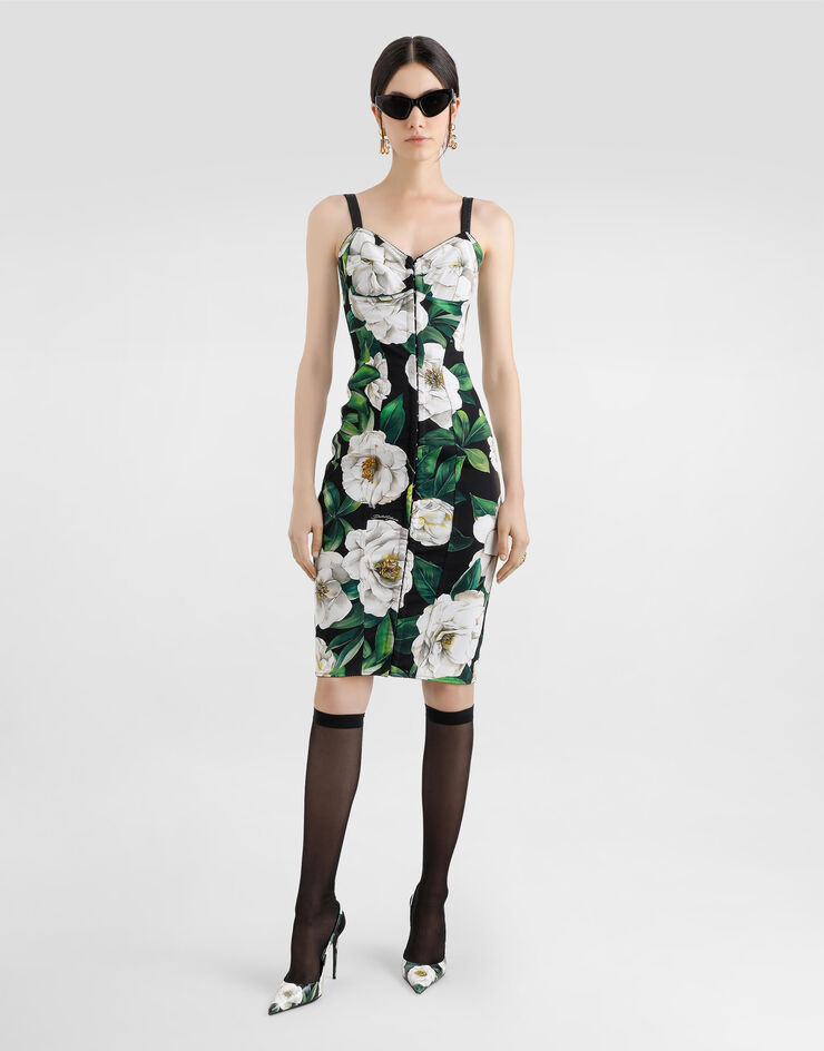 Dolce & Gabbana فستان متوسط الطول من ماركيزيت مرن بطبعة غاردينيا مطبعة F6R3OTFSSK2