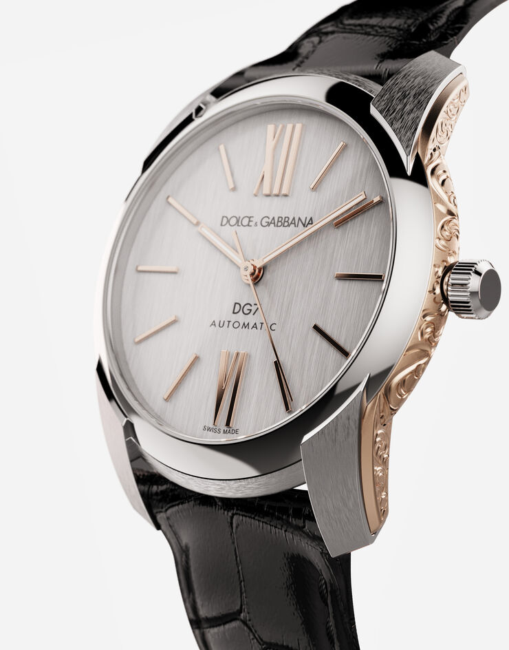 Dolce & Gabbana ساعة DG7 من الفولاذ بزخرفة جانبية محفورة من الذهب فضي/أسود WWEE1MWWS10