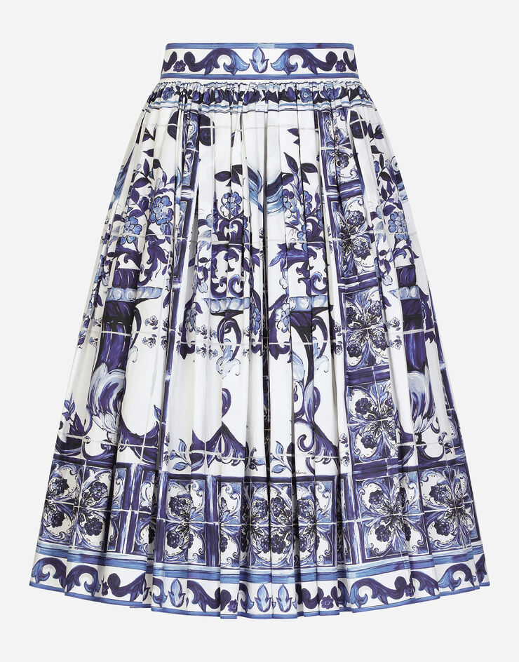 Dolce&Gabbana Falda midi de popelina con estampado de mayólica Multicolor F4CEHTHH5A6