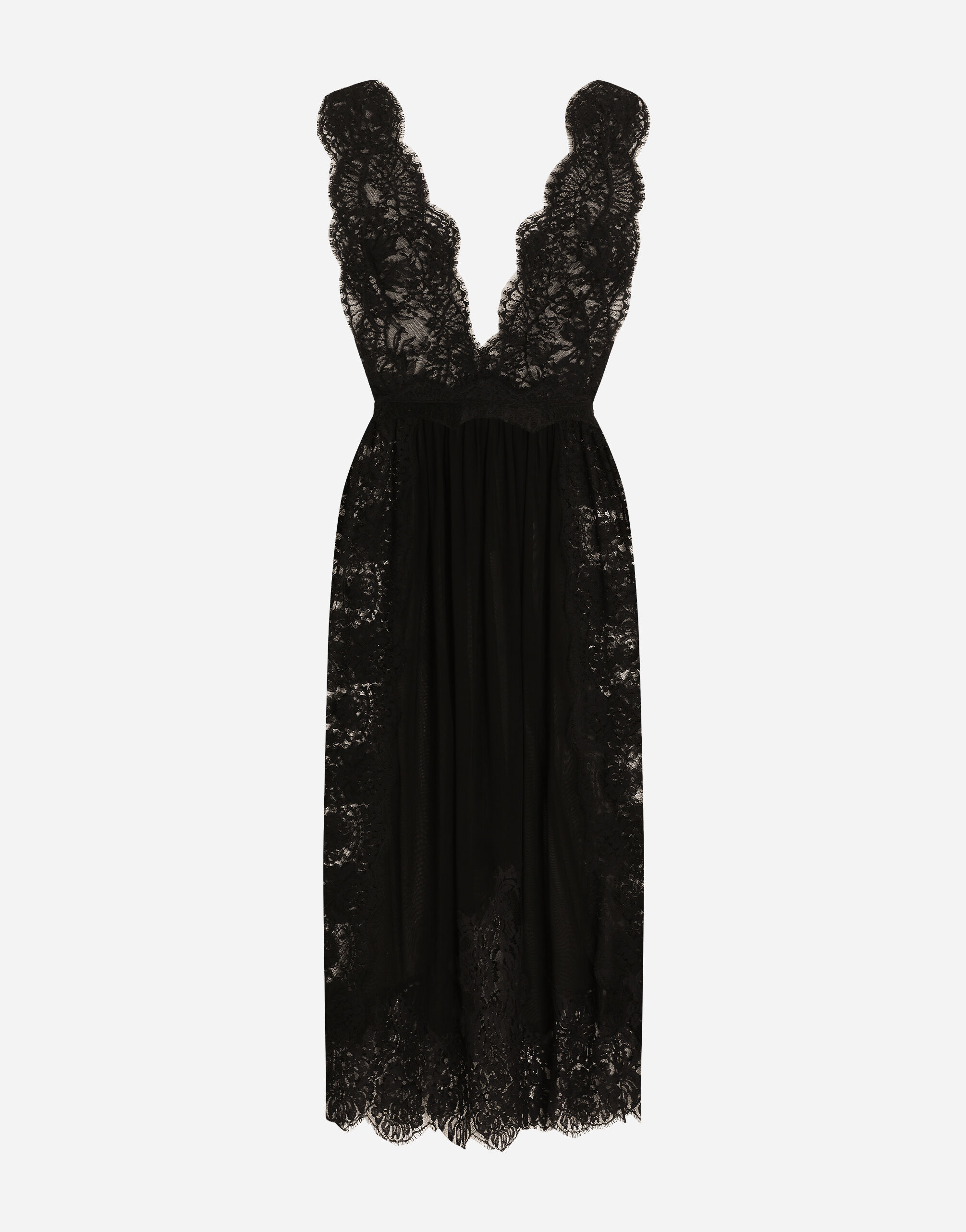 Calf-length Chantilly lace dress with organzine details in Black