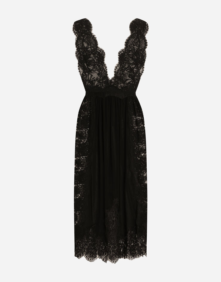 Dolce & Gabbana Vestido longuette de encaje Chantilly con detalles de organdí Negro F6JRSTGDCRO