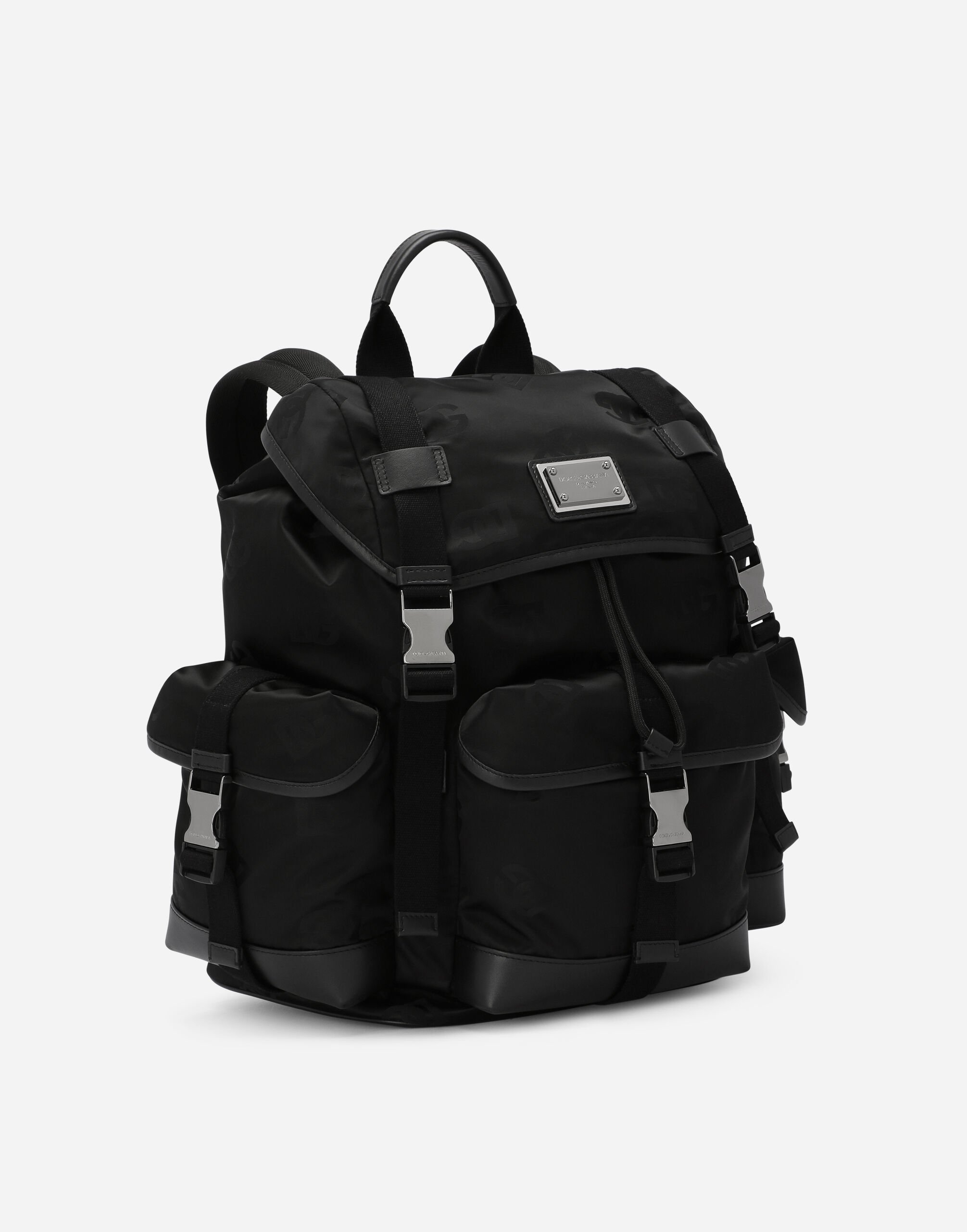 Black calfskin and black nylon backpack with red detailing outlet