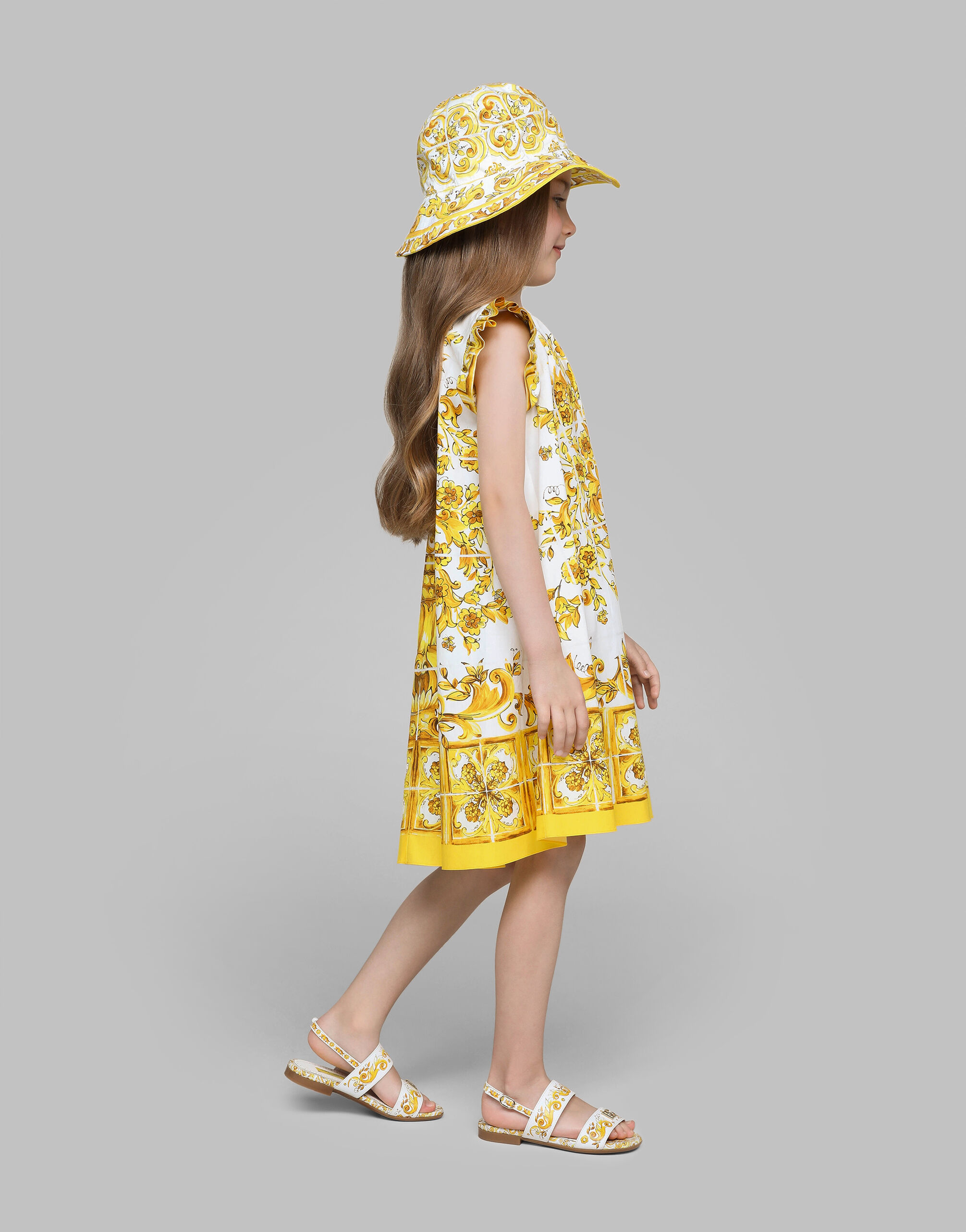 Poplin dress with yellow majolica print in Print for Girls | Dolce&Gabbana®  US