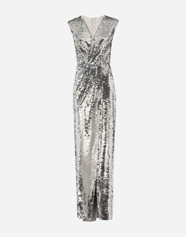 Dolce & Gabbana Long sequined dress with draping Silver F6AZITFLSF0