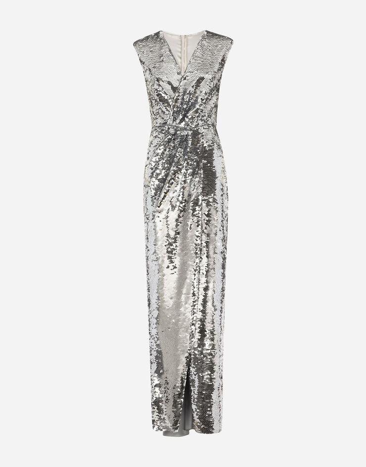 Dolce & Gabbana Langes Paillettenkleid mit Drapierung Silber F6AZITFLSF0