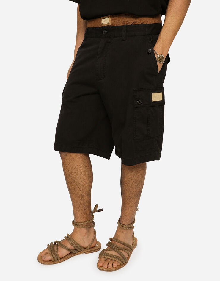 Dolce&Gabbana Stretch cotton cargo pants with brand plate Black GV5IHTFUFJR