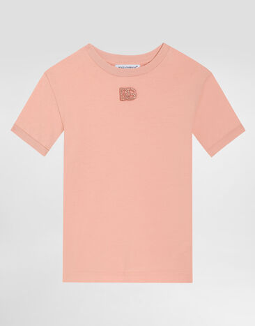 Dolce & Gabbana Jersey t-shirt with DG patch and rhinestones Pink L5JTNJG7PRV