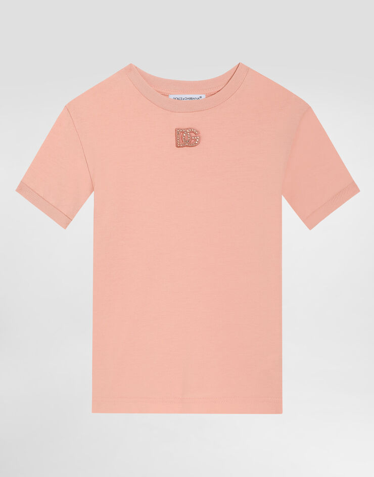 Dolce & Gabbana Jersey t-shirt with DG patch and rhinestones Pink L5JTNJG7PRV