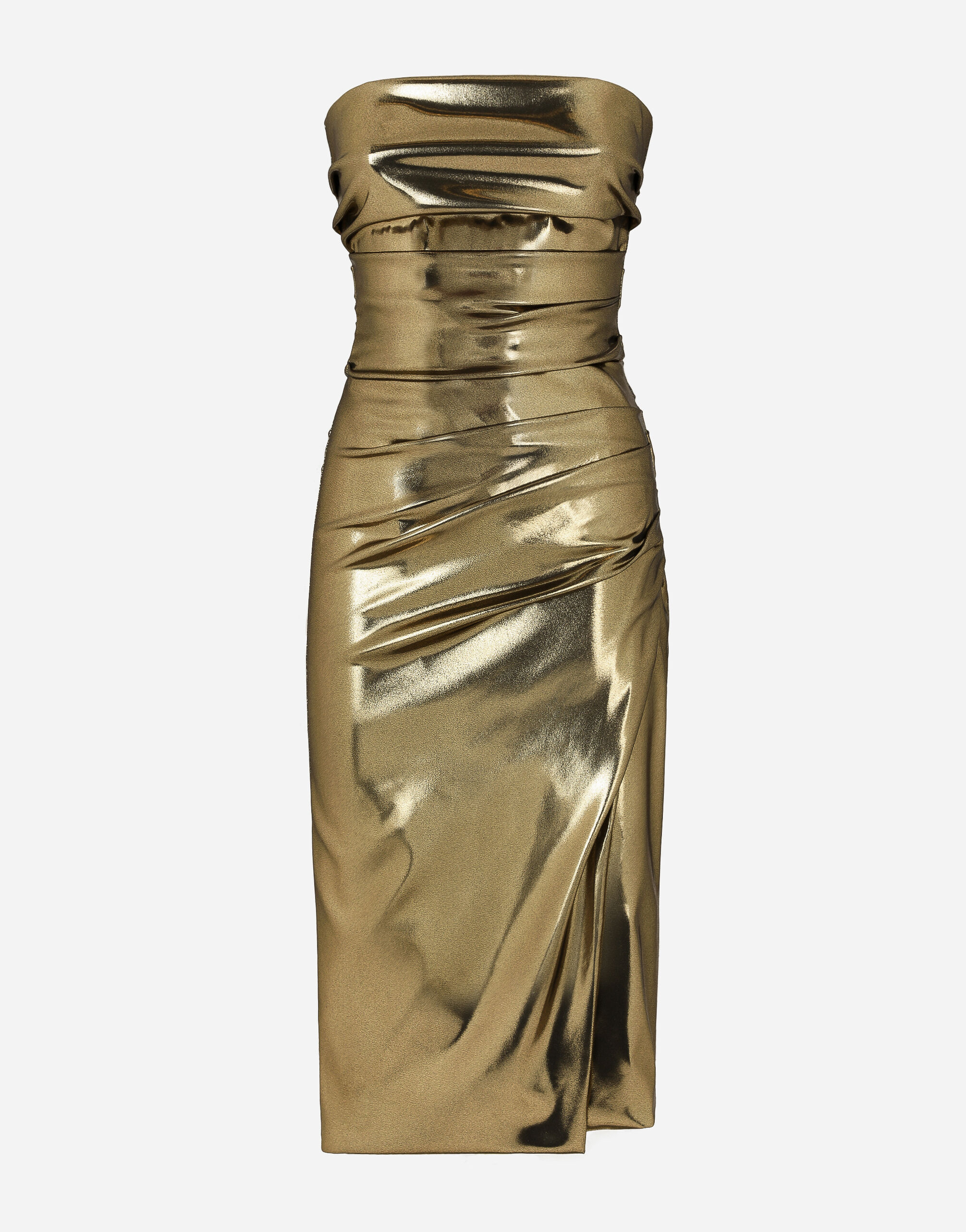 Dolce & Gabbana Foiled satin strapless calf-length dress Gold WRQA1GWQC01