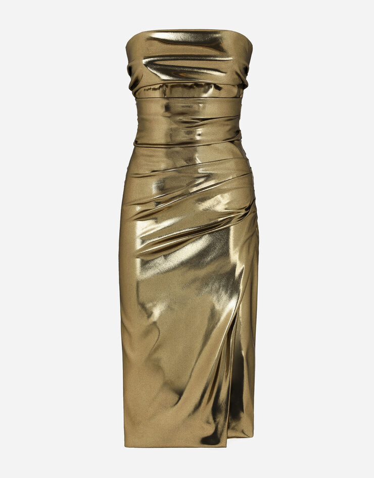 Dolce&Gabbana Foiled satin strapless calf-length dress Gold F6DHITFURMT