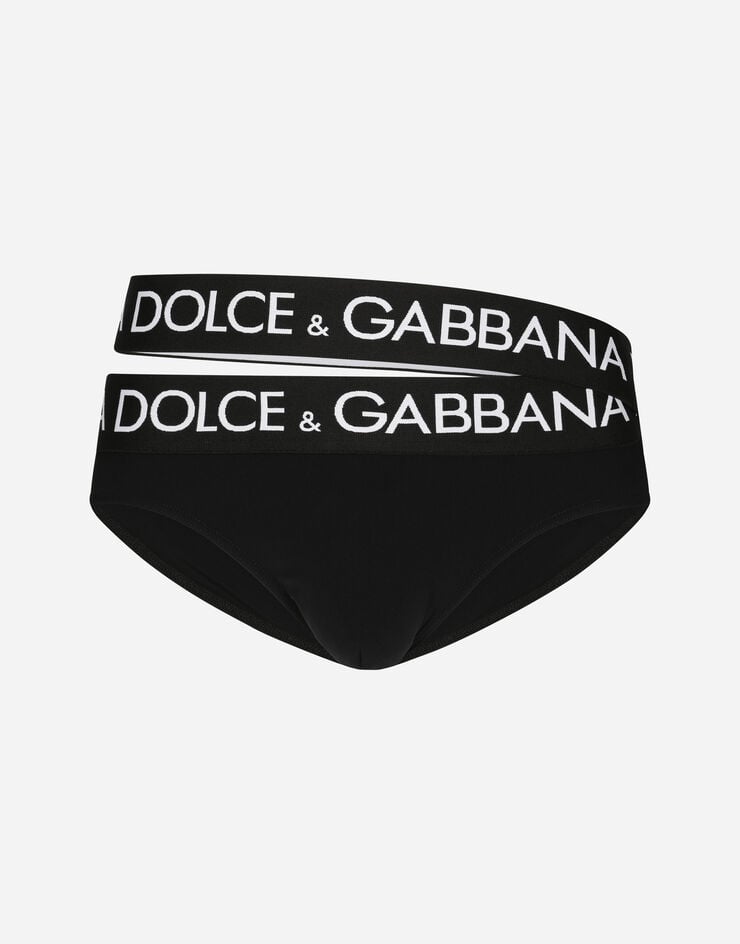 Dolce & Gabbana Badeslip hoch ausgeschnitten mit doppeltem Logobund Schwarz M4A67JFUGA2