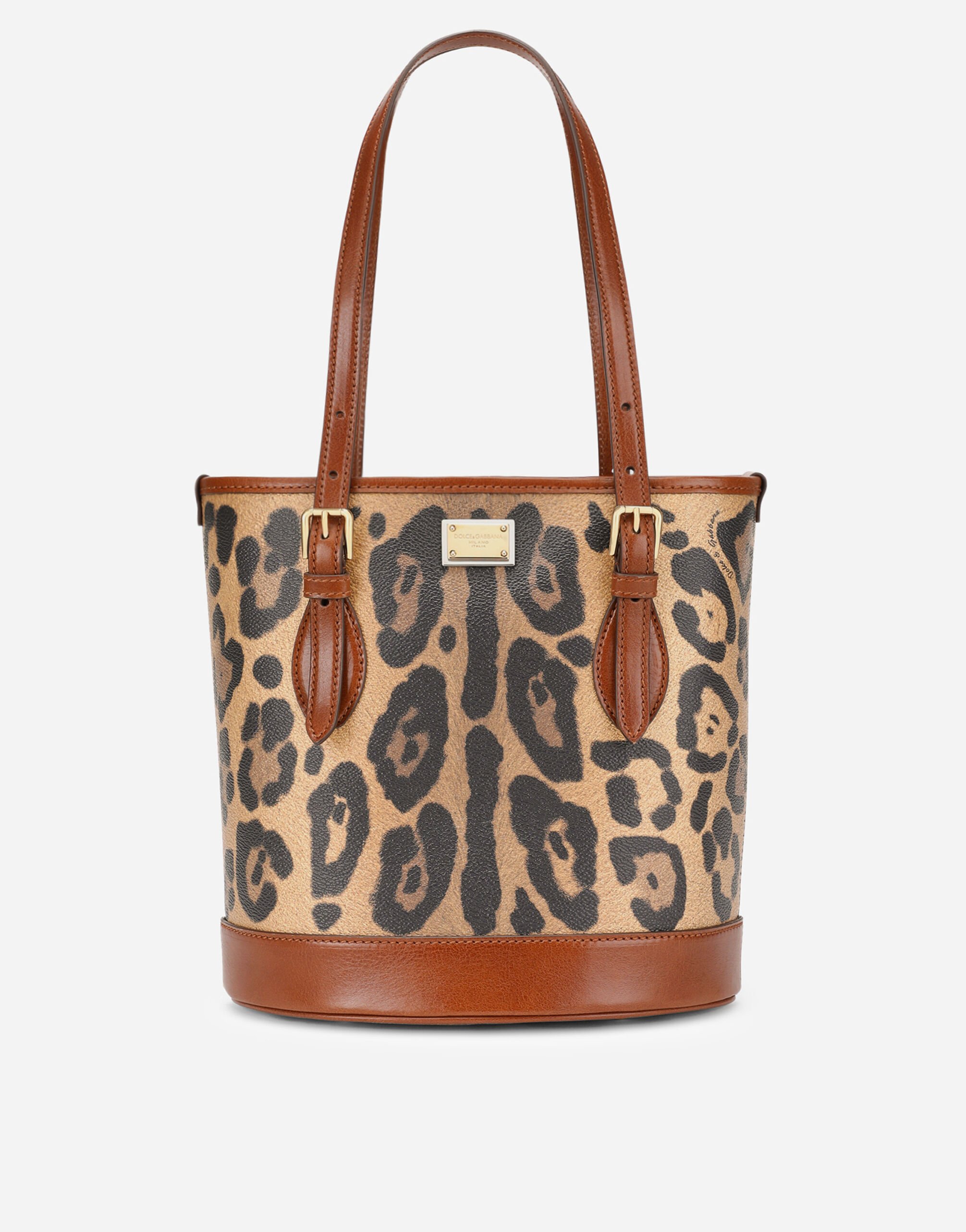 Dolce & Gabbana Leopard-print Crespo bucket bag with branded plate Brown BB7116A8N23