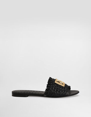 Dolce & Gabbana Woven raffia slippers with fringe Black CQ0646AN217