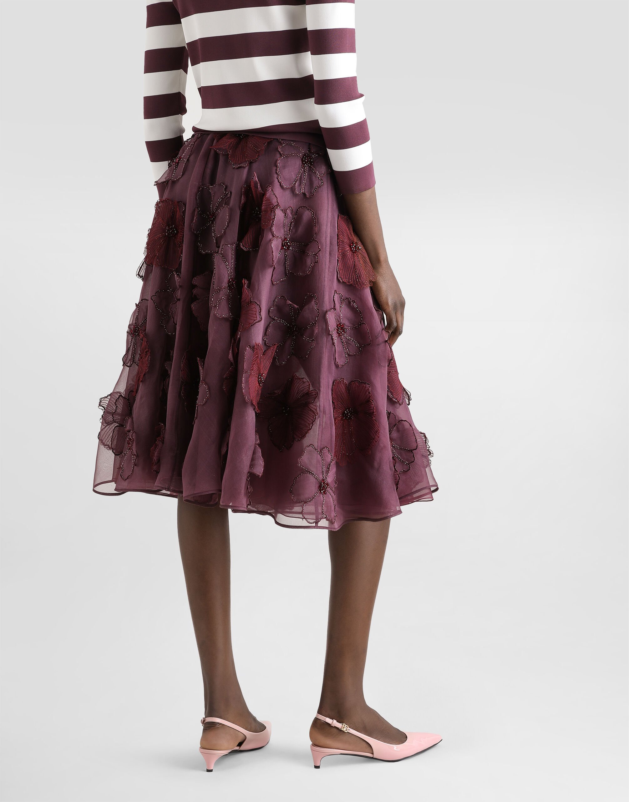 Organza midi circle skirt with floral embroidery in