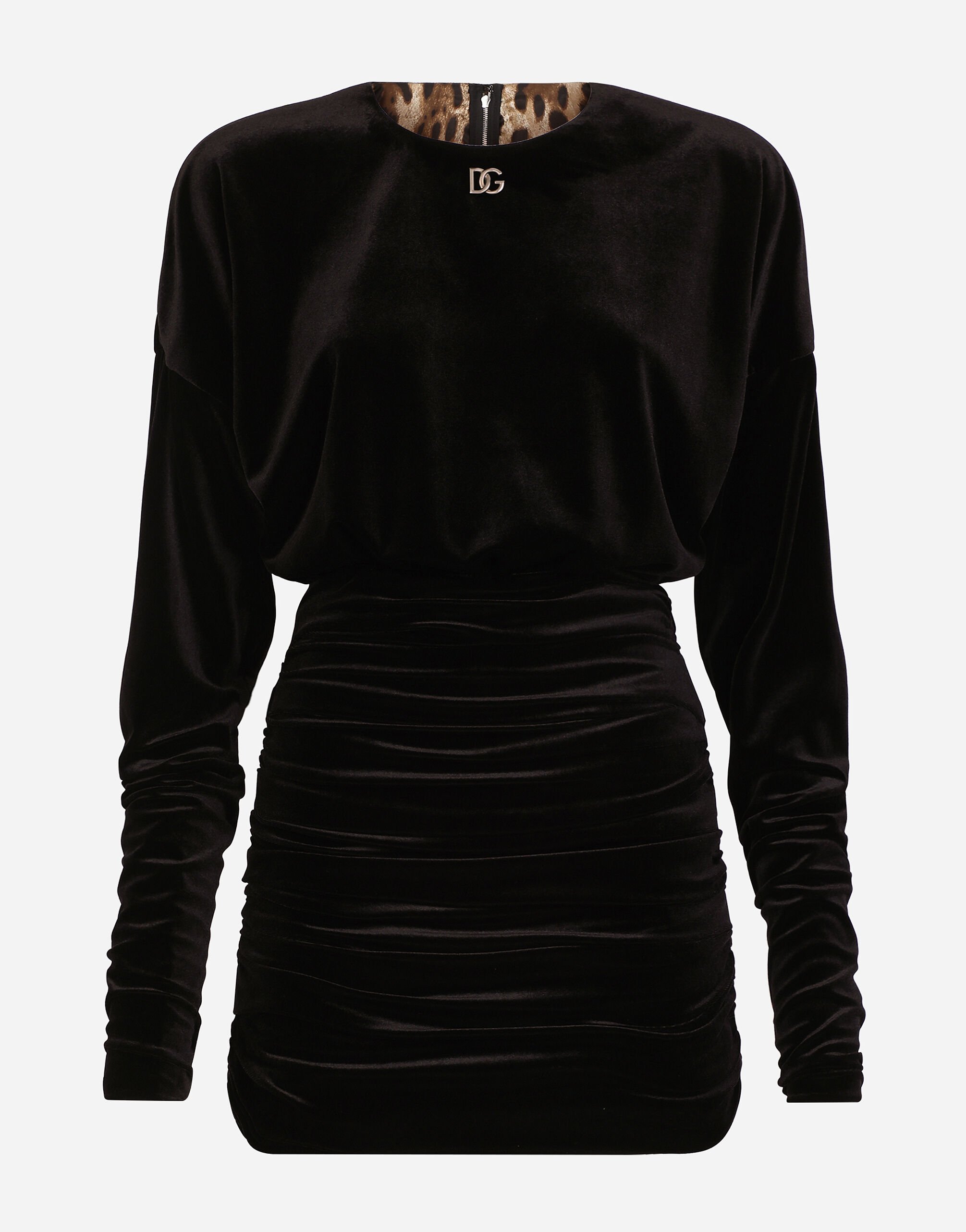 Dolce & Gabbana Short draped velvet dress with DG logo Black FX340ZJAIJ8