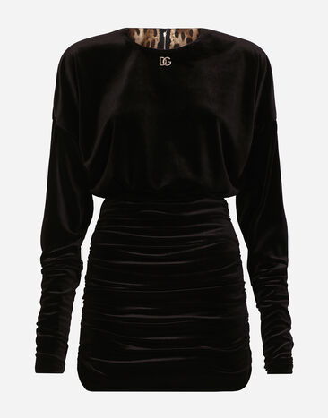 Dolce & Gabbana Short draped velvet dress with DG logo Black FX340ZJAIJ8