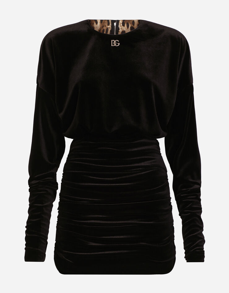 Dolce & Gabbana Drapiertes kurzes Kleid aus Samt mit DG-Logo Schwarz F6Z9VTFUWEG