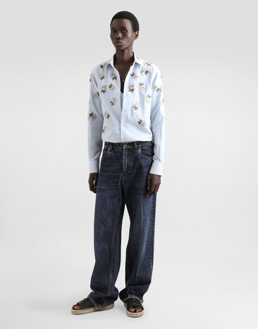 Dolce & Gabbana Silk and cotton shirt with floral appliqués Multicolor G5MZ0ZFBTAK