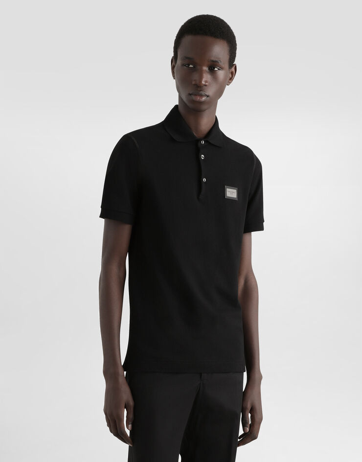 Dolce & Gabbana Cotton piqué polo-shirt with branded tag Black G8PL4TG7P1D