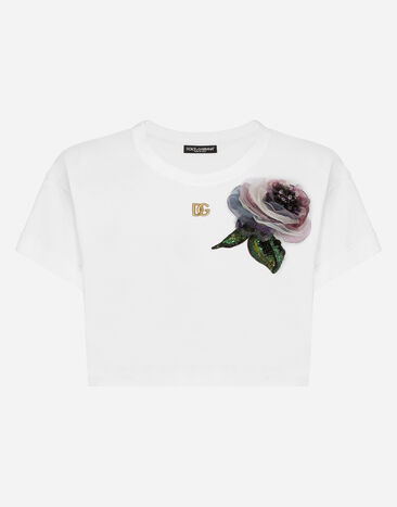 Dolce & Gabbana Kurzes T-Shirt aus Jersey mit Blumenapplikation Schwarz FXE03TJBMQ3