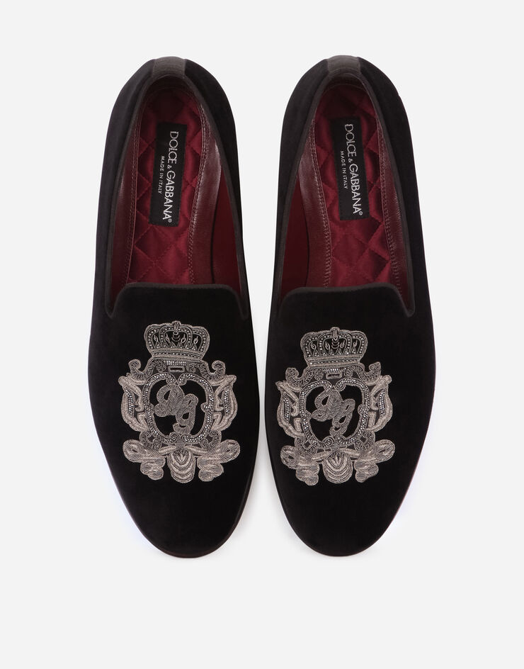 Dolce & Gabbana Velvet slippers with coat of arms embroidery Black/Silver A50433AO249