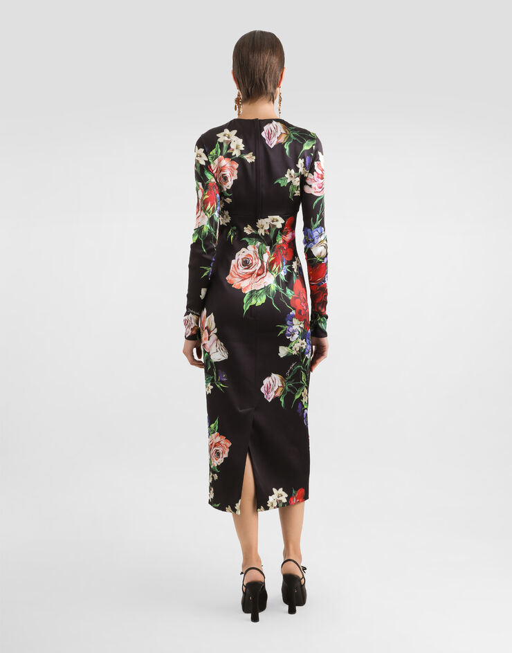 Dolce & Gabbana Abito longuette girocollo in raso stampa Fiori Stampa F6TRQTFSIB5