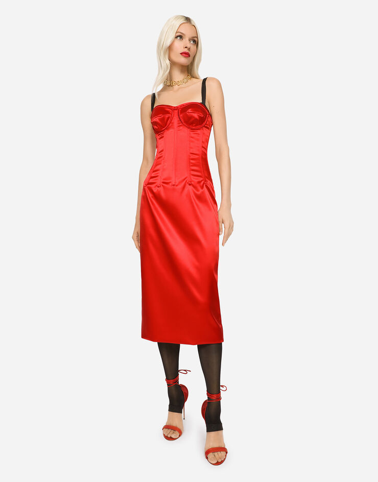 Dolce & Gabbana Satin calf-length dress with corset details Red F6BDLTFURAD