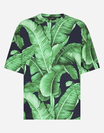 Dolce & Gabbana Kurzarm-T-Shirt aus Baumwolle Bananenbaum-Print Beige BM2259AN233