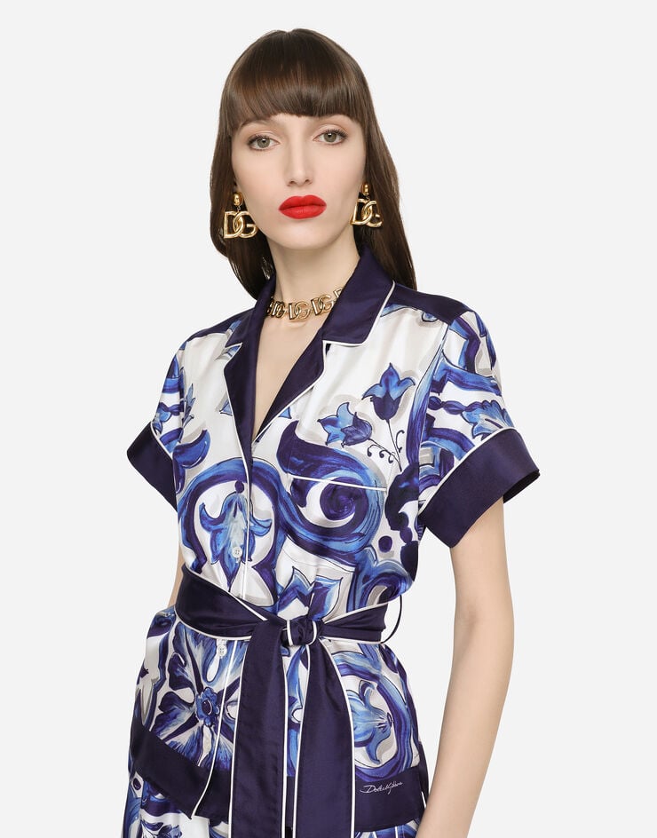 Dolce&Gabbana Camicia in twill stampa maiolica con cintura Multicolore F5G67THI1BF