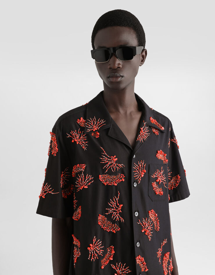 Dolce & Gabbana Camisa de manga corta de algodón con bordado de corales Negro G5JH9ZFU6X8