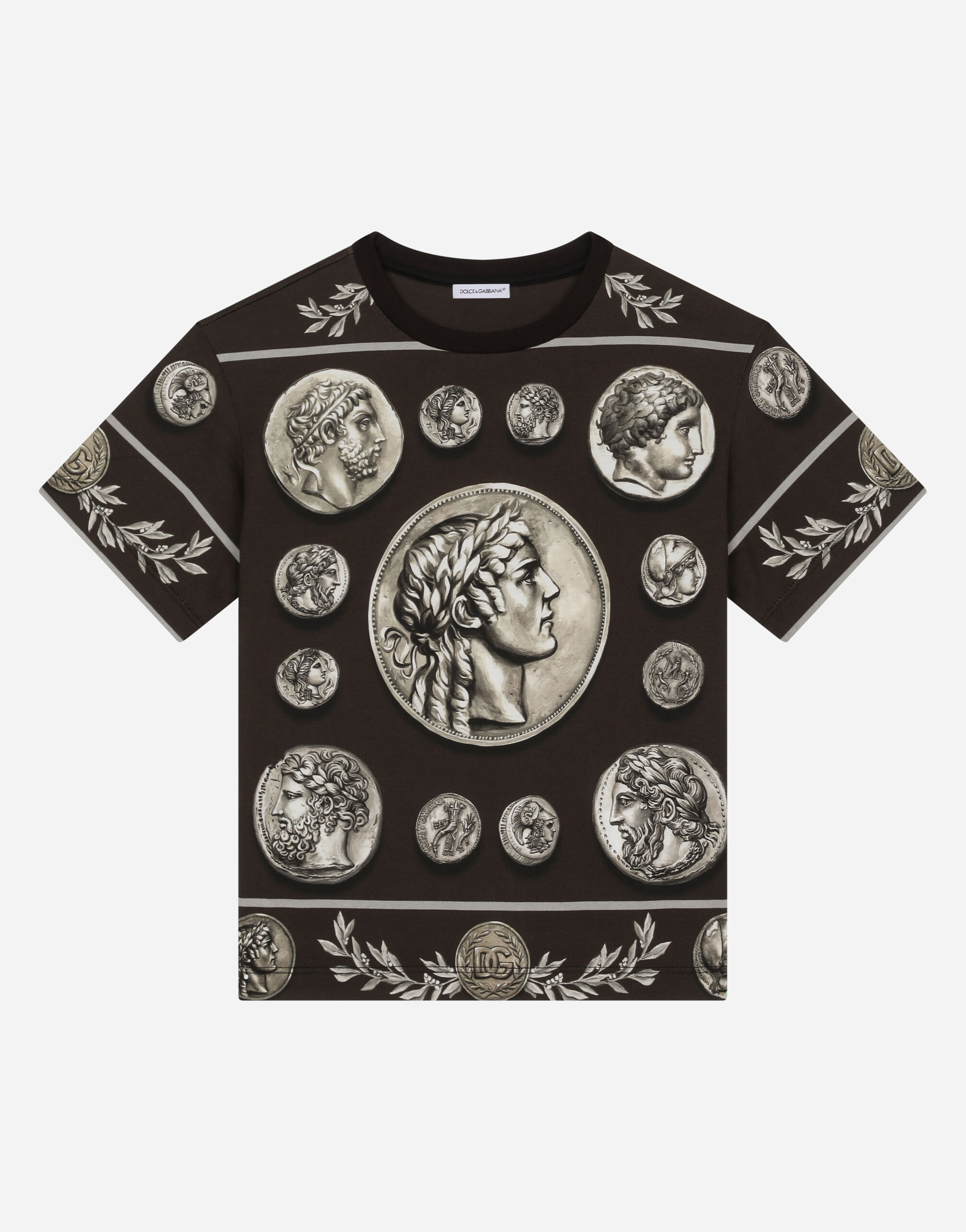 Dolce & Gabbana Short-sleeved jersey T-shirt with all-over coin print Brown L4JWFQG7L1Z