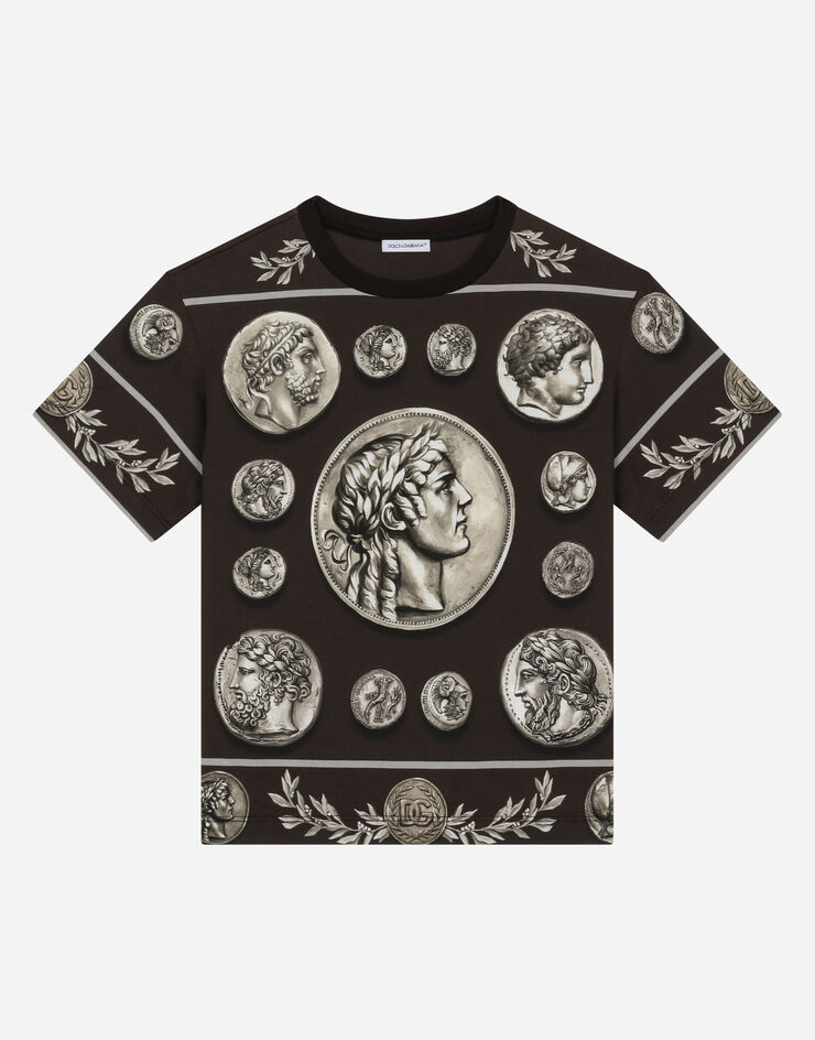 DolceGabbanaSpa Short-sleeved jersey T-shirt with all-over coin print Brown L4JTEYG7J4I